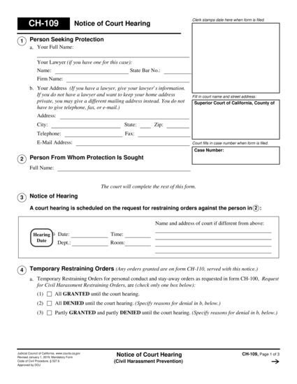 View CH-109 Notice of Court Hearing form