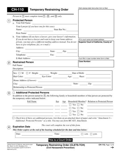 View CH-110 Temporary Restraining Order (CLETS-TCH) form