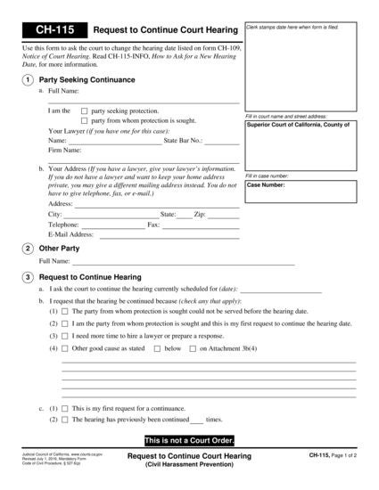 View CH-115 Request to Continue Court Hearing (Temporary Restraining Order) (Civil Harassment Prevention) form