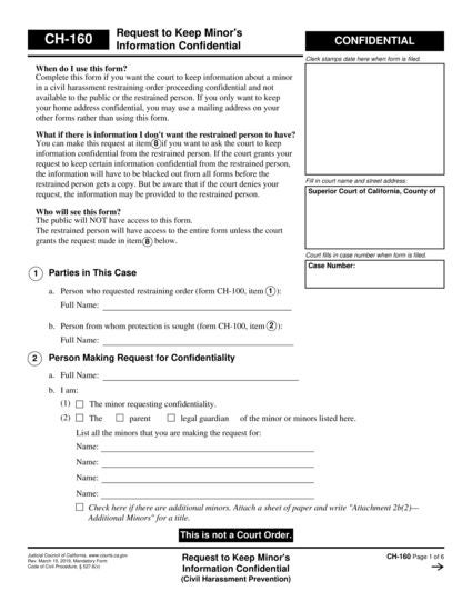 View CH-160 Request to Keep Minor's Information Confidential form
