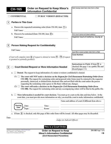 View CH-165 Order on Request to Keep Minor's Information Confidential form
