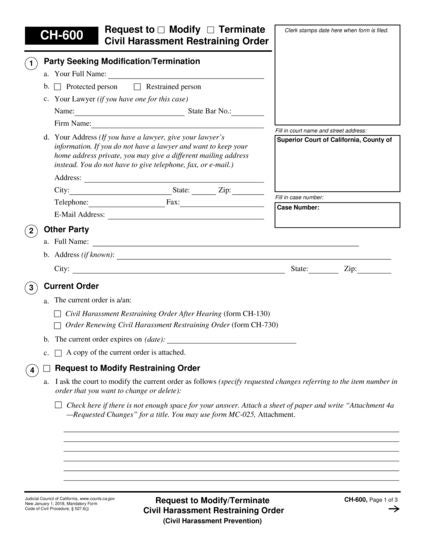 View CH-600 Request to Modify/Terminate Civil Harassment Restraining Order form