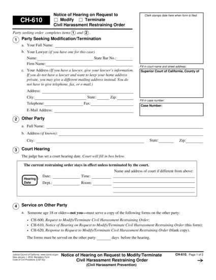 View CH-610 Notice of Hearing on Request to Modify/Terminate Civil Harassment Restraining Order form