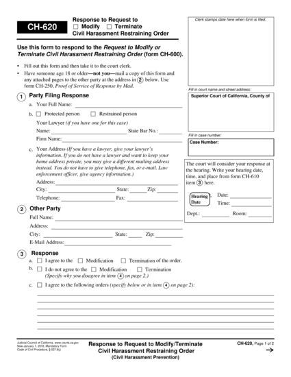 View CH-620 Response to Request to Modify/Terminate Civil Harassment Restraining Order form