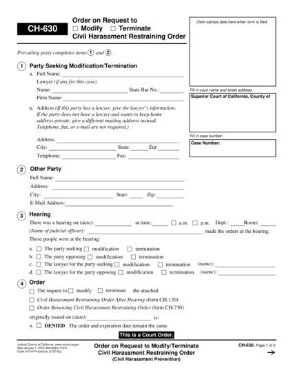 View CH-630 Order on Request to Modify/Terminate Civil Harassment Restraining Order form