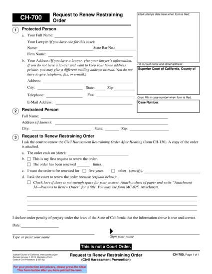 View CH-700 Request to Renew Restraining Order form