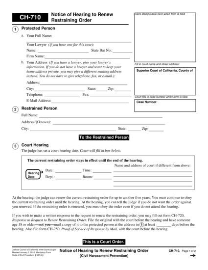 View CH-710 Notice of Hearing to Renew Restraining Order form