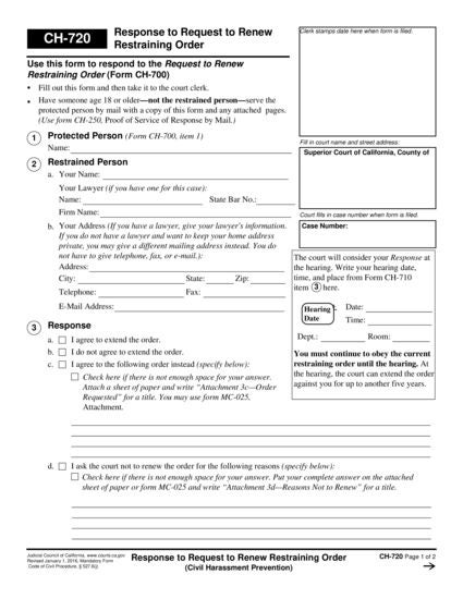 View CH-720 Response to Request to Renew Restraining Order form