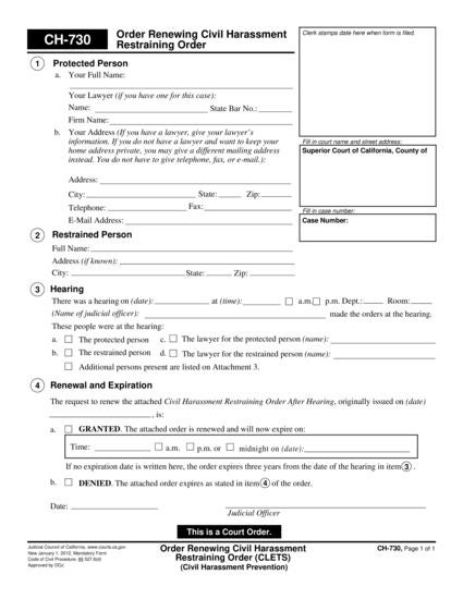 View CH-730 Order Renewing Civil Harassment Restraining Order (CLETS) form