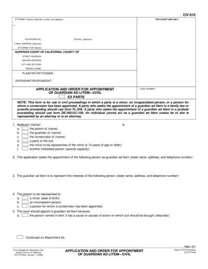 View CIV-010 Application and Order for Appointment of Guardian Ad Litem—Civil and Family Law form