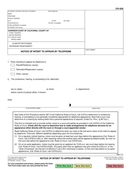 View CIV-020 Notice of Intent to Appear by Telephone - Revoked form