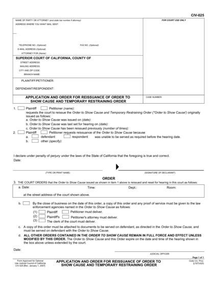 View CIV-025 Application and Order for Reissuance of Order to Show Cause and Temporary Restraining Order form