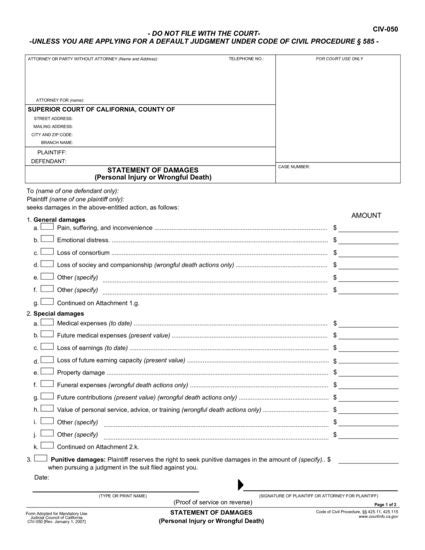 View CIV-050 Statement of Damages (Personal Injury or Wrongful Death) form
