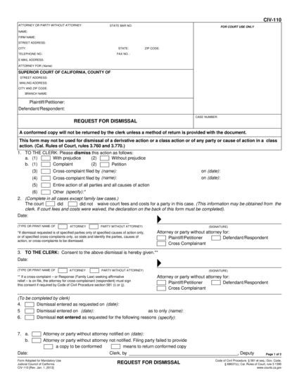 View CIV-110 Request for Dismissal form