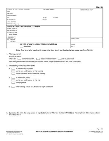 View CIV-150 Notice of Limited Scope Representation form