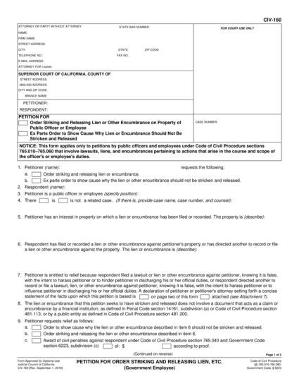 View CIV-160 Petition for Order Striking and Releasing Lien, etc. (Government Employee) form