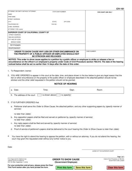 View CIV-161 Order to Show Cause (Government Employee) form