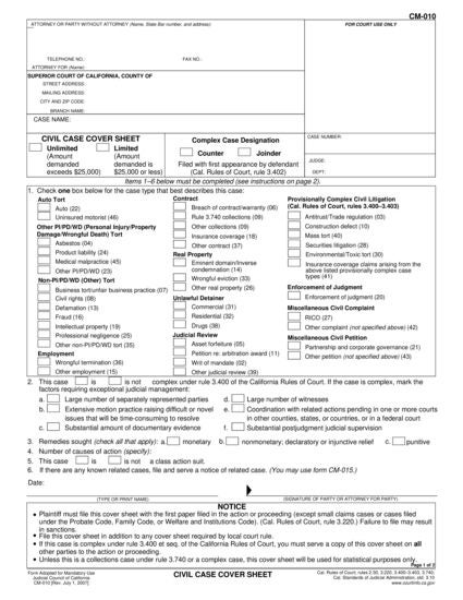 View CM-010 Civil Case Cover Sheet form