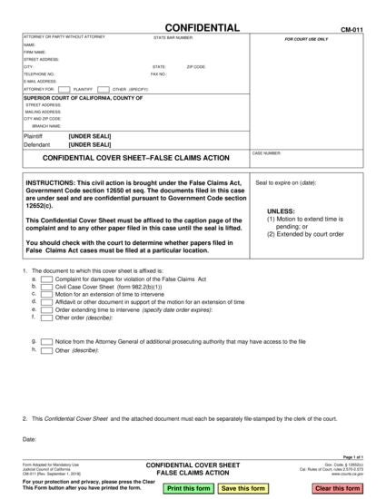 View CM-011 Confidential Cover Sheet False Claims Action form