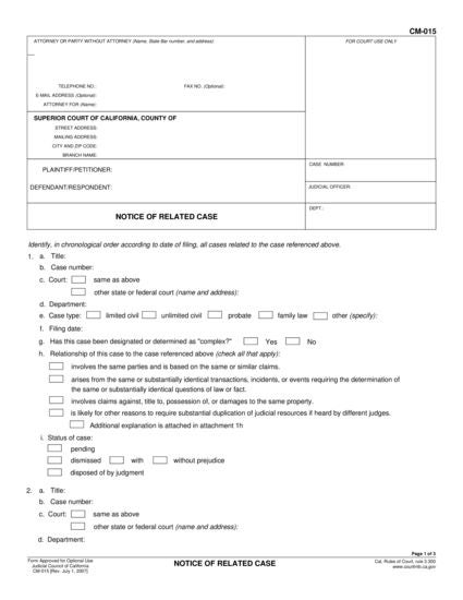 View CM-015 Notice of Related Case form