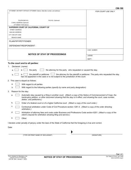 View CM-180 Notice of Stay of Proceedings form