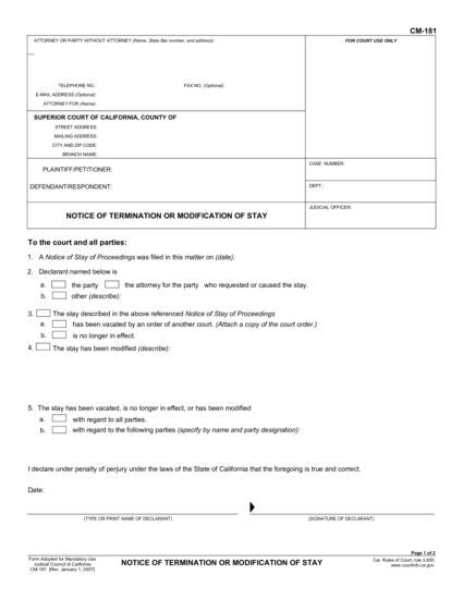 View CM-181 Notice of Termination or Modification of Stay form