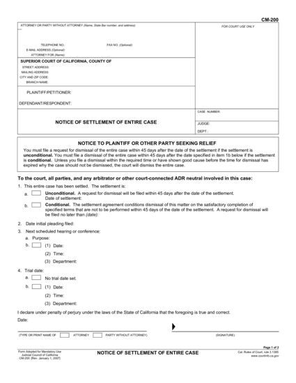 View CM-200 Notice of Settlement of Entire Case form