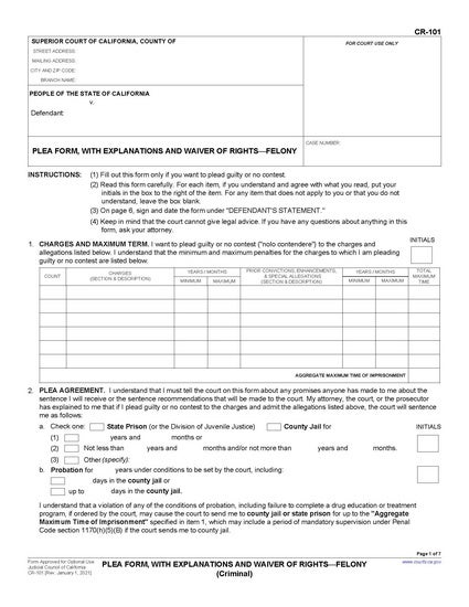 View CR-101 Plea Form, With Explanations and Waiver of Rights—Felony (Criminal) form