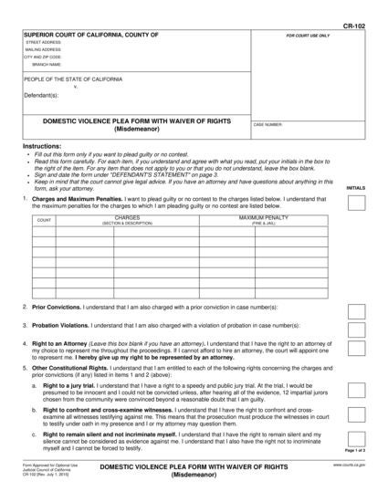 View CR-102 Domestic Violence Plea Form With Waiver of Rights (Misdemeanor) form