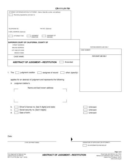 View CR-111 Abstract of Judgment—Restitution form