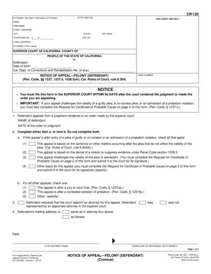 View CR-120 Notice of Appeal—Felony (Defendant) form