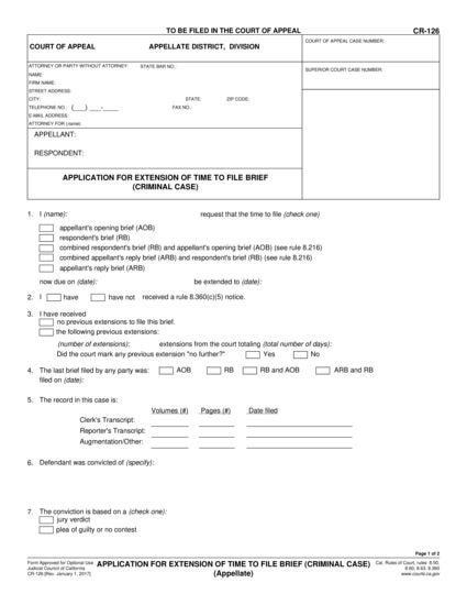 View CR-126 Application for Extension of Time to File Brief—Criminal Case (Appellate) form