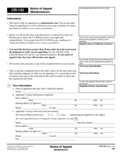 View CR-132 Notice of Appeal (Misdemeanor) form