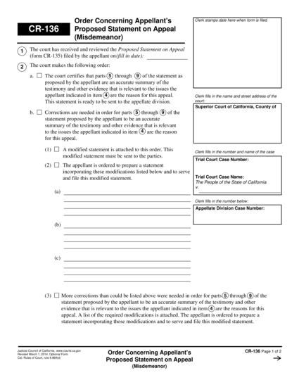 View CR-136 Order Concerning Appellant's Proposed Statement on Appeal (Misdemeanor) form
