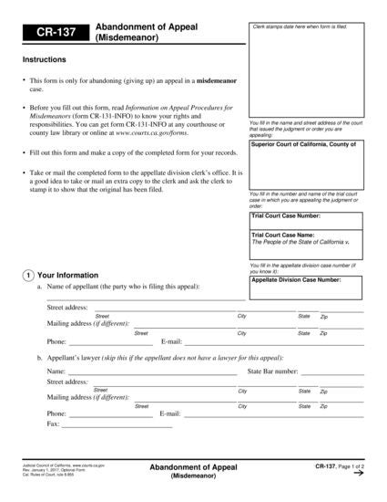 View CR-137 Abandonment of Appeal (Misdemeanor) form