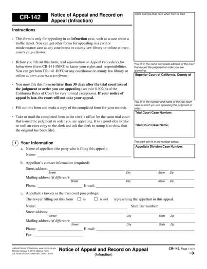 View CR-142 Notice of Appeal and Record on Appeal (Infraction) form