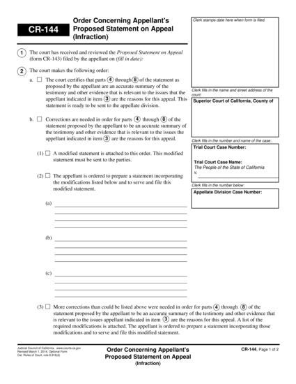 View CR-144 Order Concerning Appellant's Proposed Statement on Appeal (Infraction) form