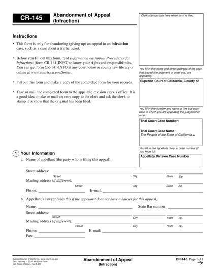 View CR-145 Abandonment of Appeal (Infraction) form