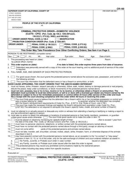 View CR-160 Criminal Protective Order—Domestic Violence (CLETS—CPO) form