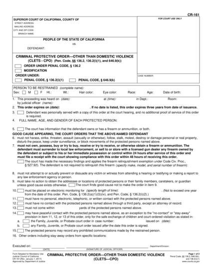 View CR-161 Criminal Protective Order—Other Than Domestic Violence (CLETS—CPO) form