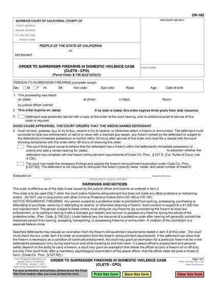 View CR-162 Order to Surrender Firearms in Domestic Violence Case (CLETS—CPO) form
