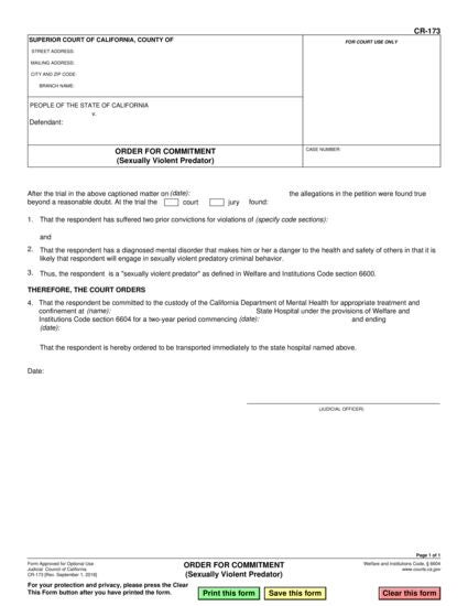 View CR-173 Order for Commitment (Sexually Violent Predator) form