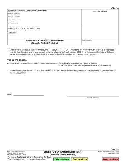 View CR-174 Order For Extended Commitment (Sexually Violent Predator) form