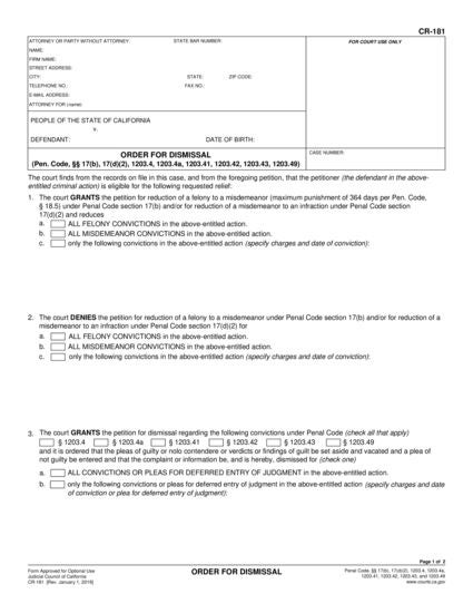 View CR-181 Order for Dismissal form