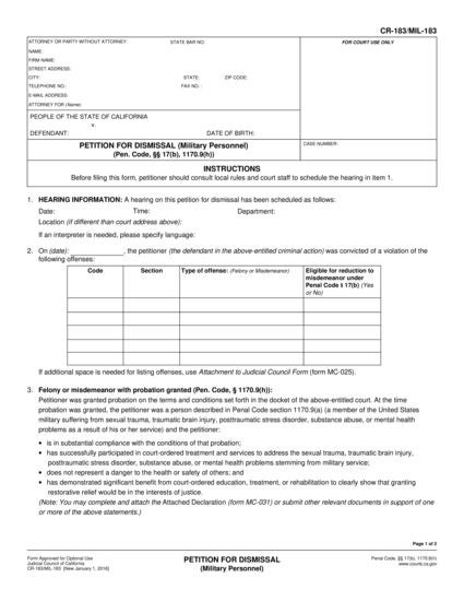 View CR-183 Petition for Dismissal (Military Personnel) form