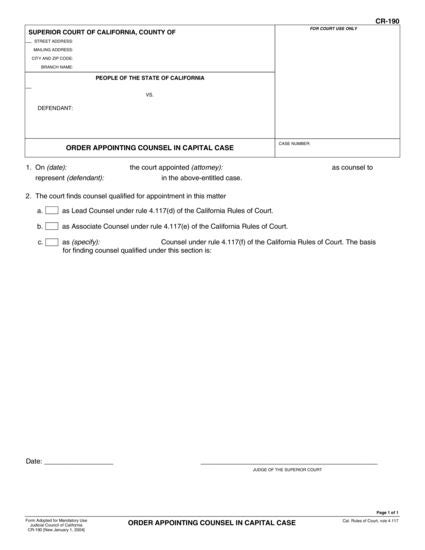 View CR-190 Order Appointing Counsel in Capital Case form