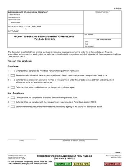 View CR-210 Prohibited Persons Relinquishment Form Findings form