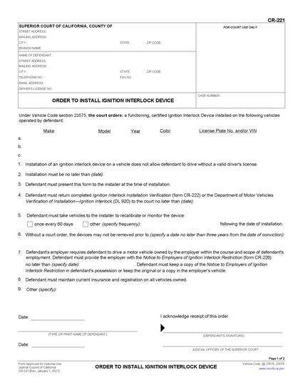 View CR-221 Order to Install Ignition Interlock Device form