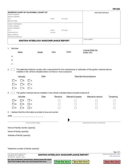View CR-224 Ignition Interlock Noncompliance Report form