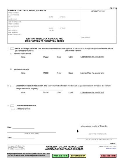 View CR-225 Ignition Interlock Removal and Modification to Probation Order form